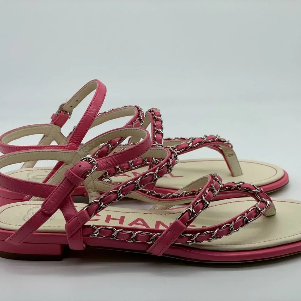 CHANEL 19P Leather Chain Strappy Thong Flat Sandals Shoes - Picture 4 of 10